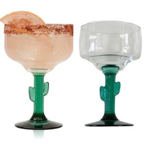 Libbey 16 oz Cactus Margarita Glasses Bundle Set of 2 Green Stems EUC